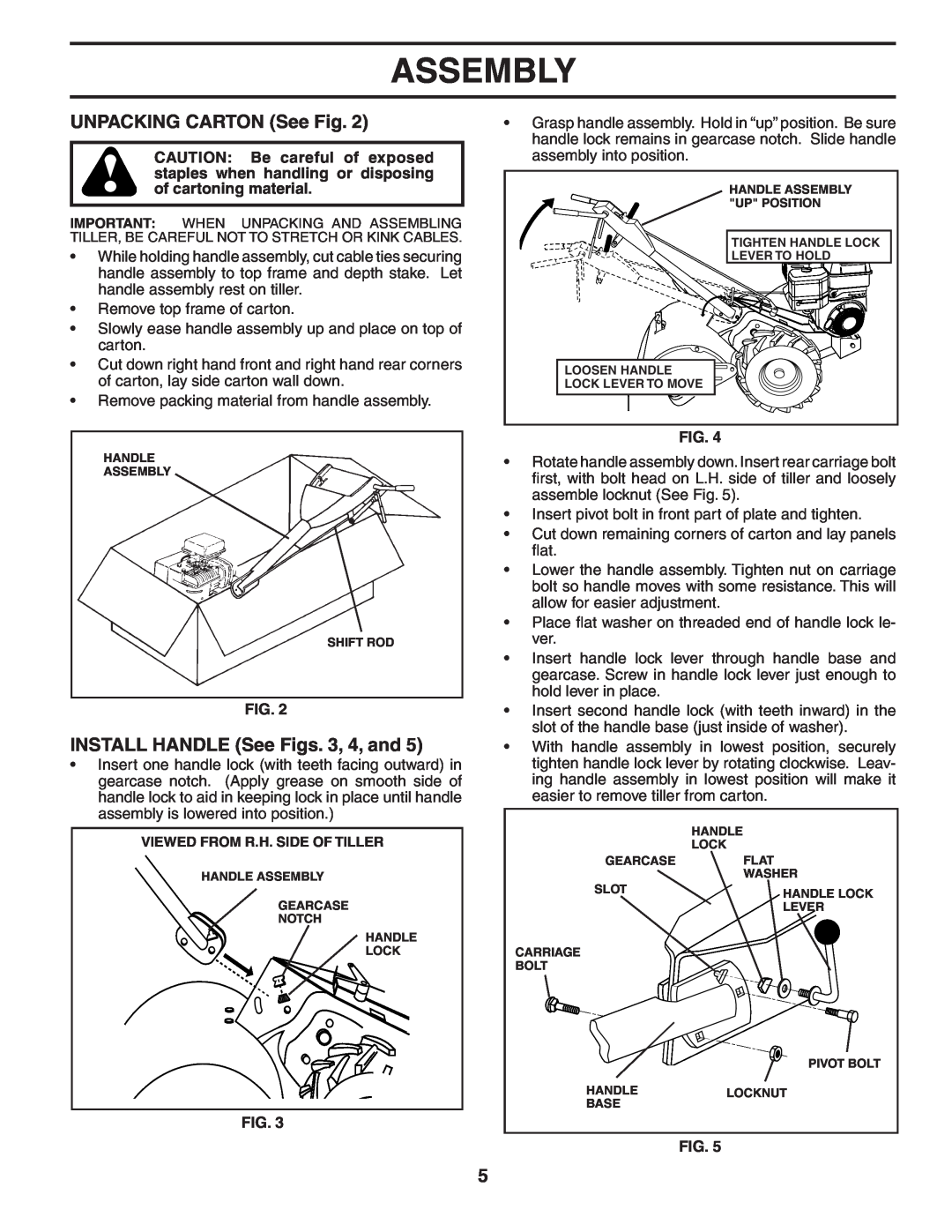 Husqvarna 650CRT owner manual UNPACKING CARTON See Fig, INSTALL HANDLE See Figs. 3, 4, and, Assembly 