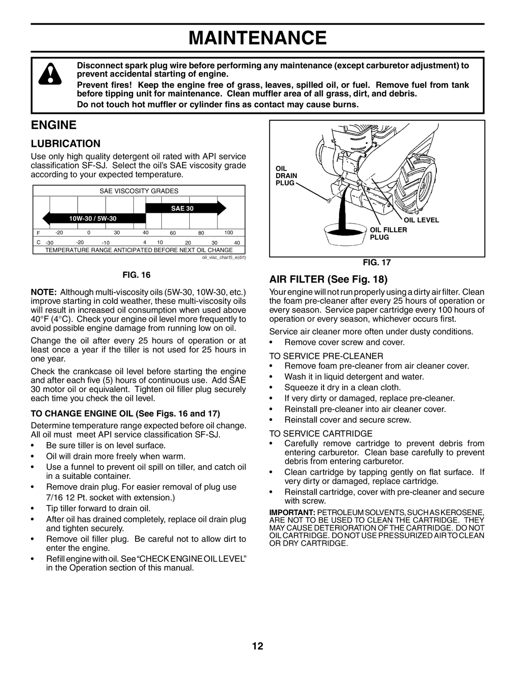 Husqvarna 650RTT owner manual Engine, AIR Filter See Fig 