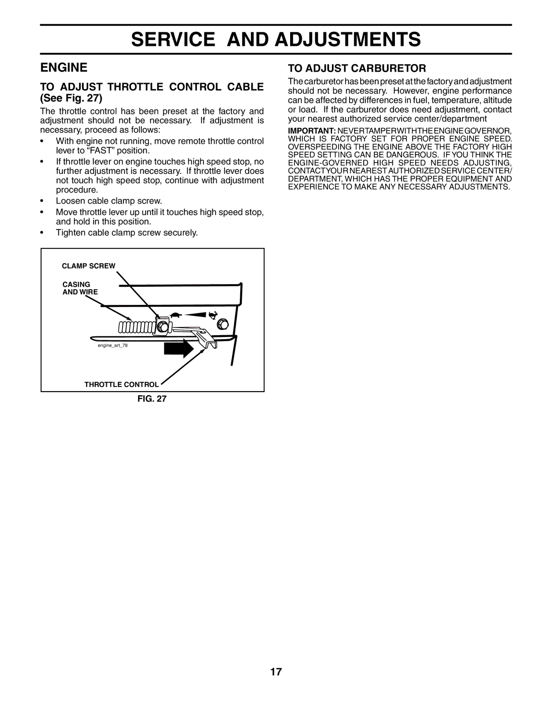 Husqvarna 650RTT owner manual To Adjust Throttle Control Cable See Fig, To Adjust Carburetor 