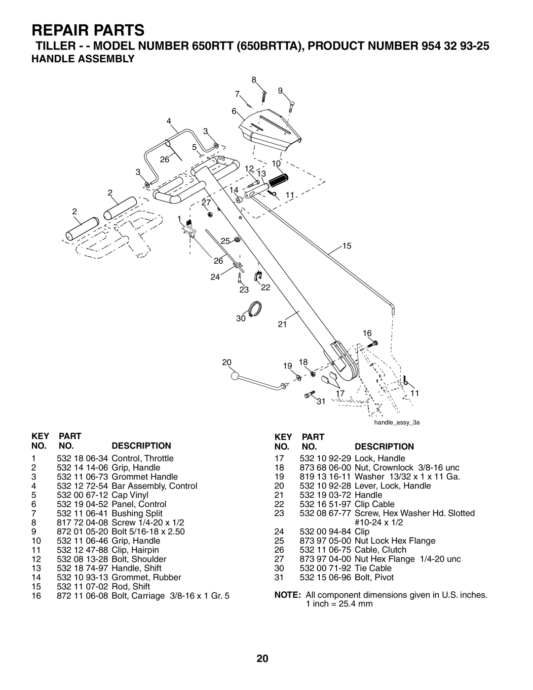 Husqvarna 650RTT owner manual Repair Parts, Handle Assembly 