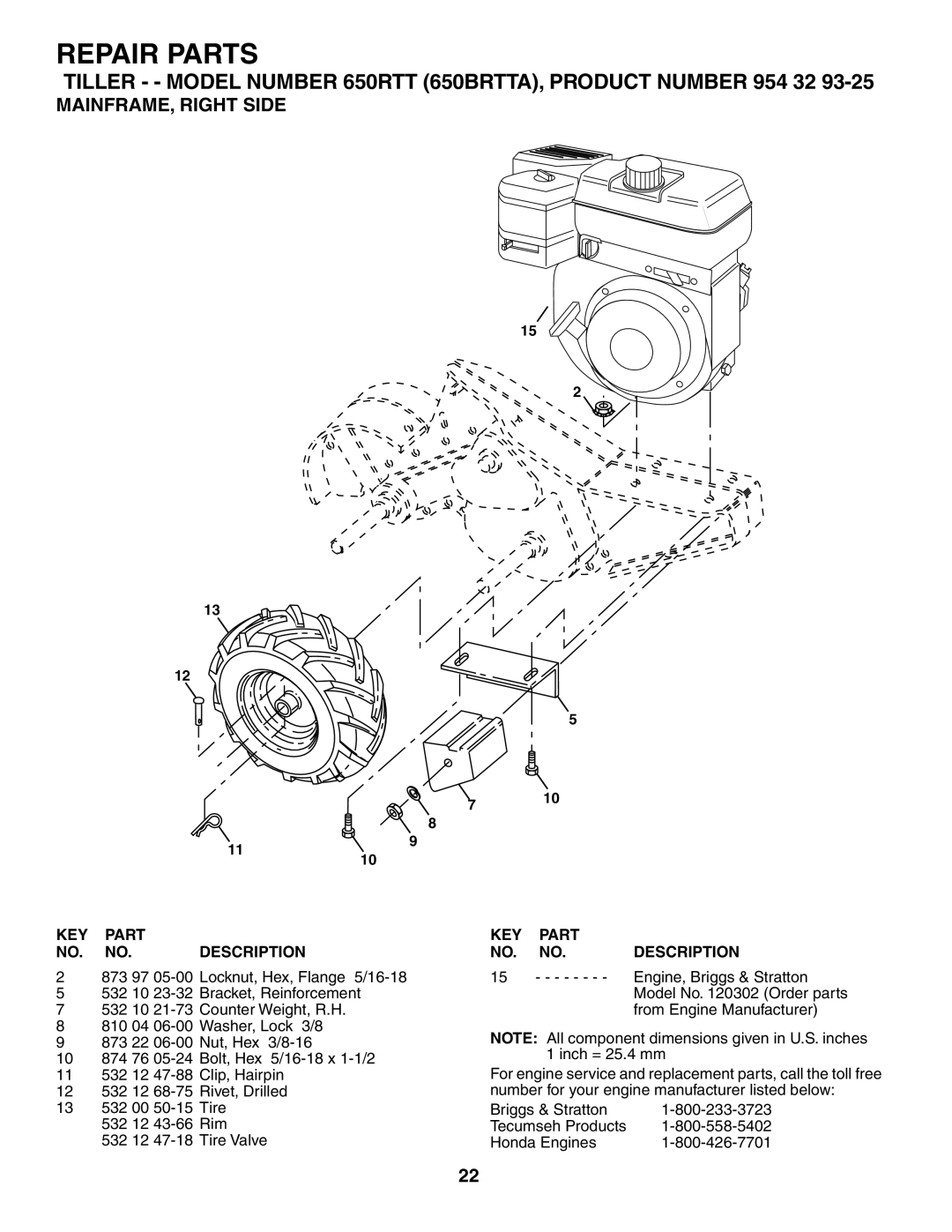 Husqvarna 650RTT owner manual MAINFRAME, Right Side, KEY Part NO. NO. Description 