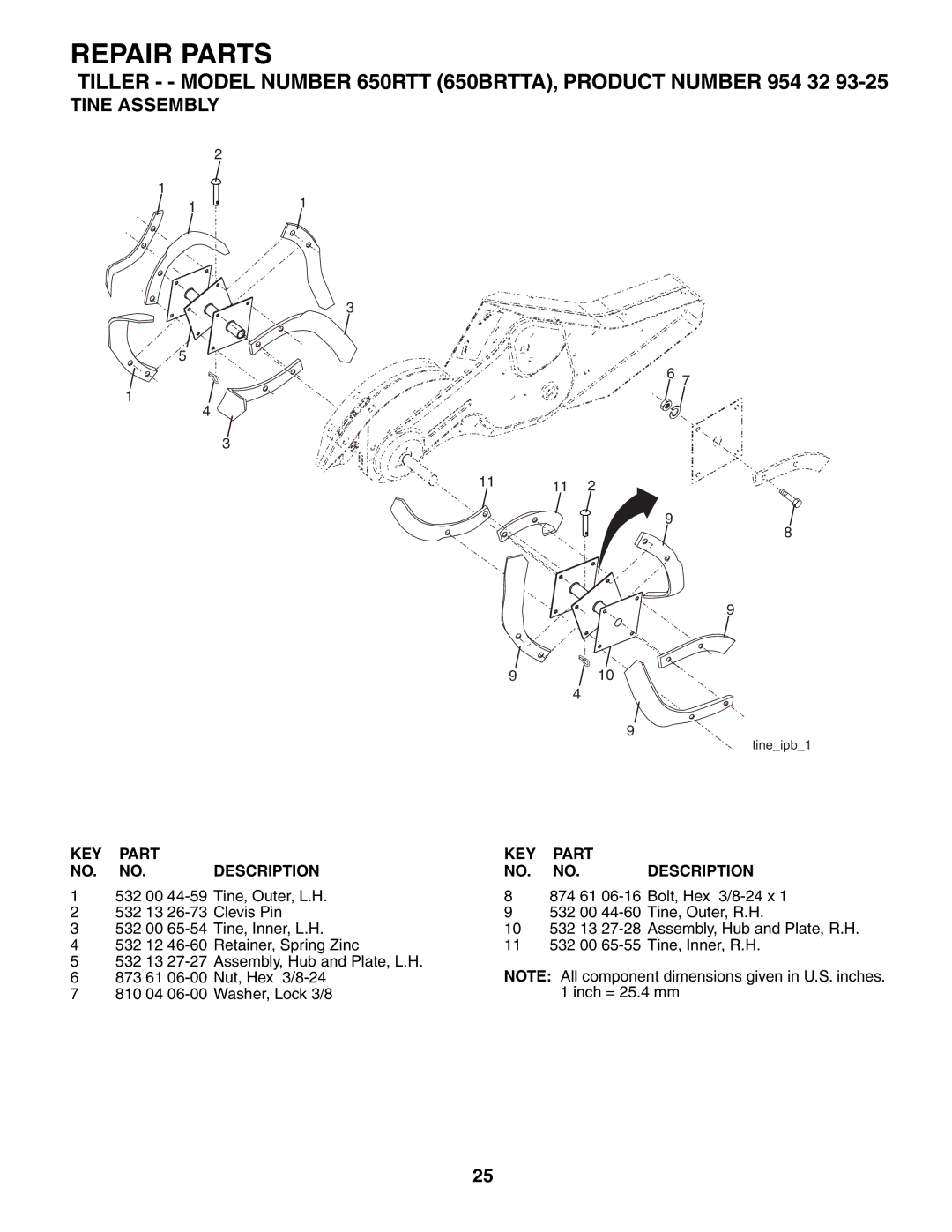 Husqvarna 650RTT owner manual Tine Assembly 