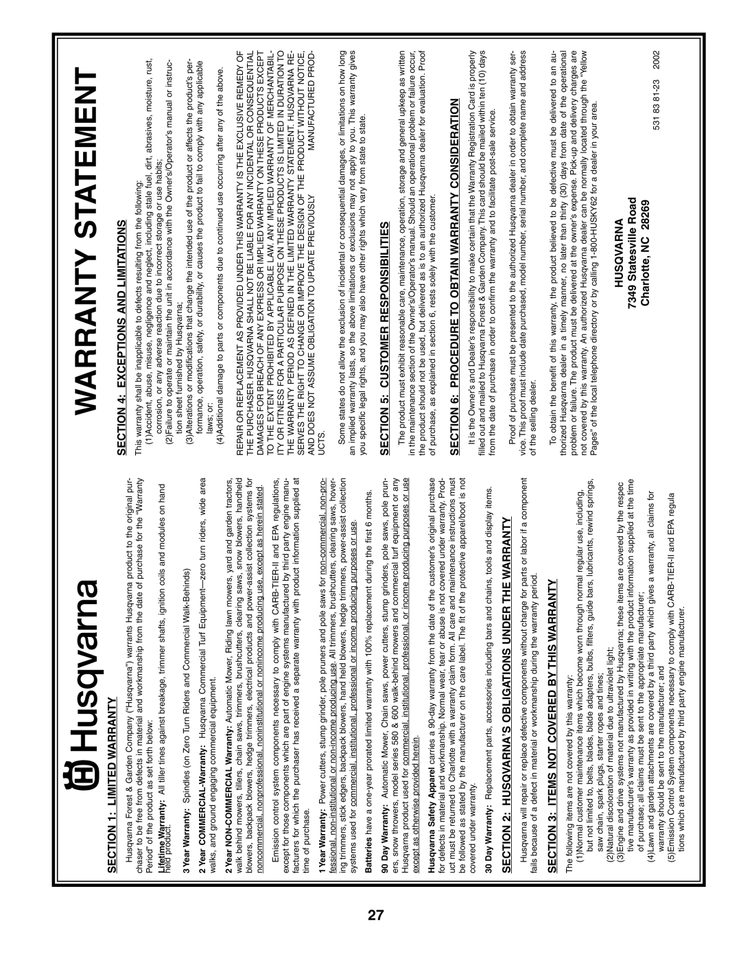 Husqvarna 650RTT owner manual Warranty Statement 