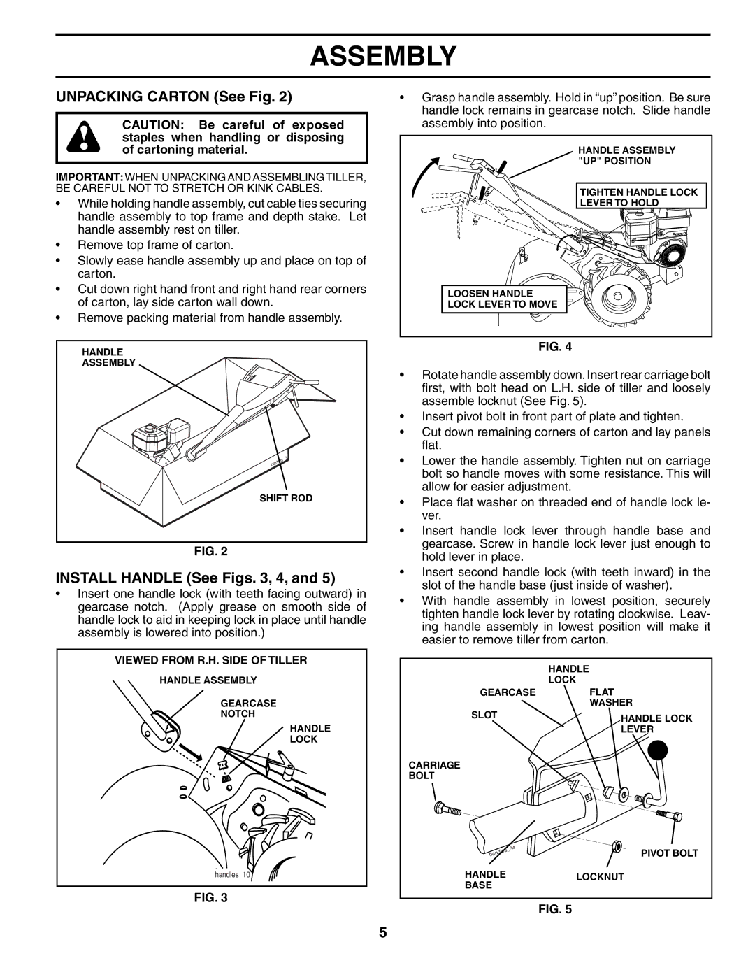 Husqvarna 650RTT owner manual Unpacking Carton See Fig, Install Handle See Figs , 4 