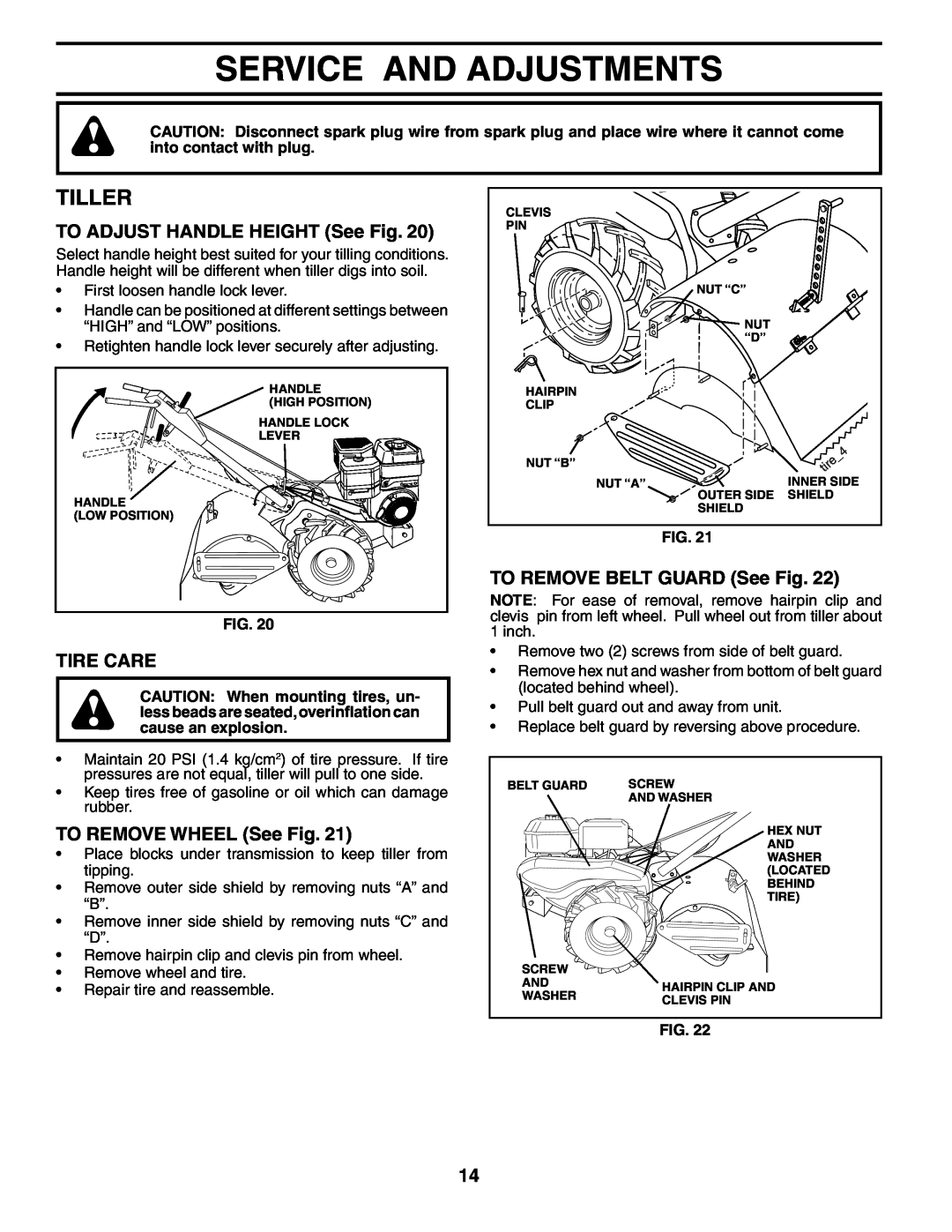 Husqvarna 650RTT Service And Adjustments, Tiller, TO ADJUST HANDLE HEIGHT See Fig, Tire Care, TO REMOVE WHEEL See Fig 