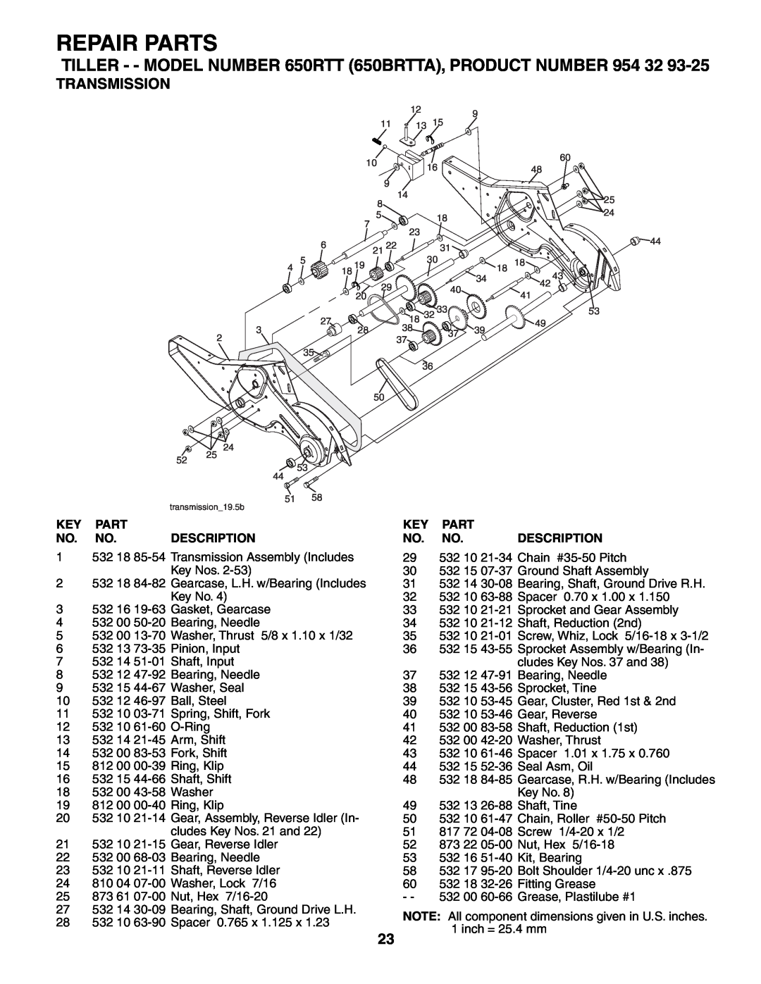 Husqvarna owner manual Repair Parts, TILLER - - MODEL NUMBER 650RTT 650BRTTA, PRODUCT NUMBER 954, Transmission 