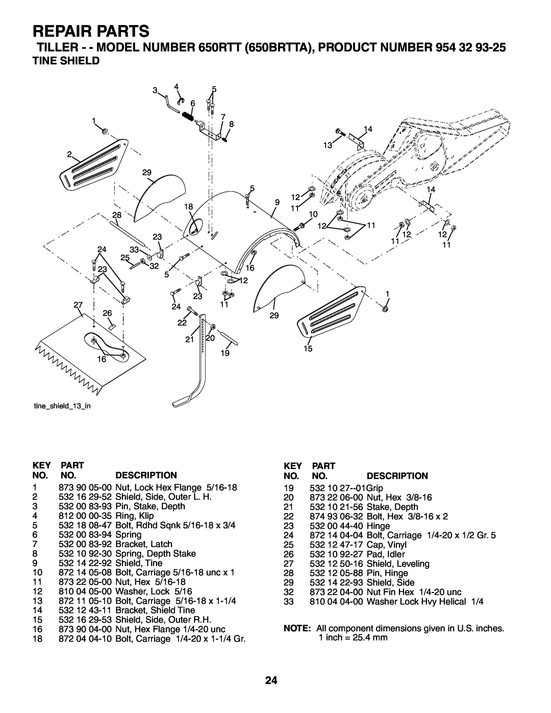 Husqvarna owner manual Tine Shield, Repair Parts, TILLER - - MODEL NUMBER 650RTT 650BRTTA, PRODUCT NUMBER 954 