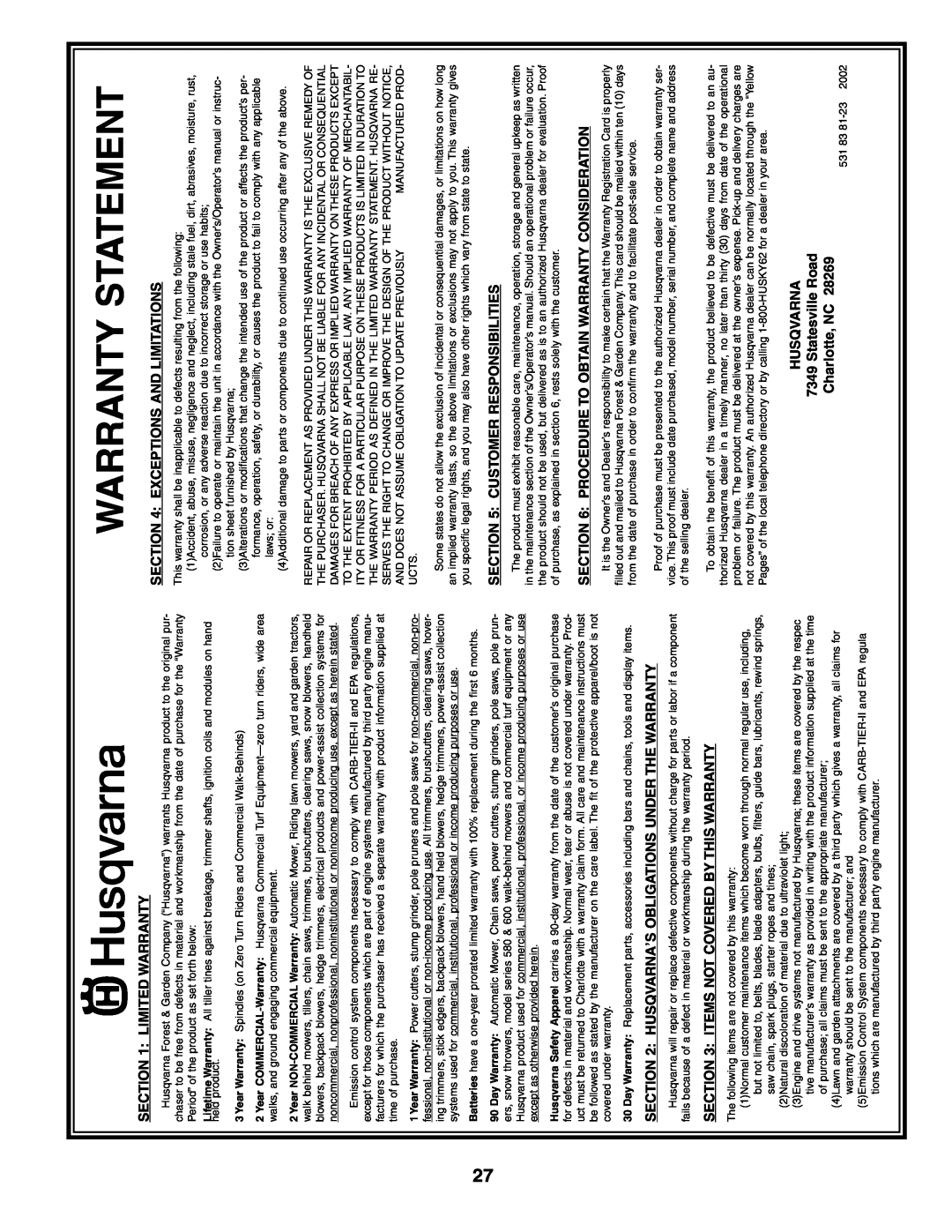 Husqvarna 650RTT owner manual Warranty Statement, Limited Warranty, Husqvarna’S Obligations Under The Warranty 