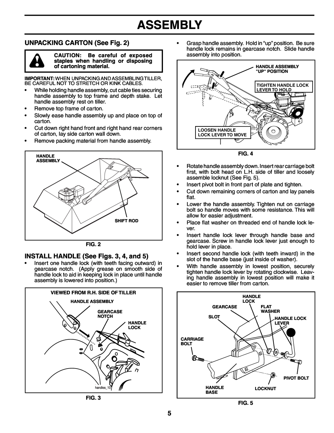 Husqvarna 650RTT owner manual UNPACKING CARTON See Fig, INSTALL HANDLE See Figs. 3, 4, and, Assembly 