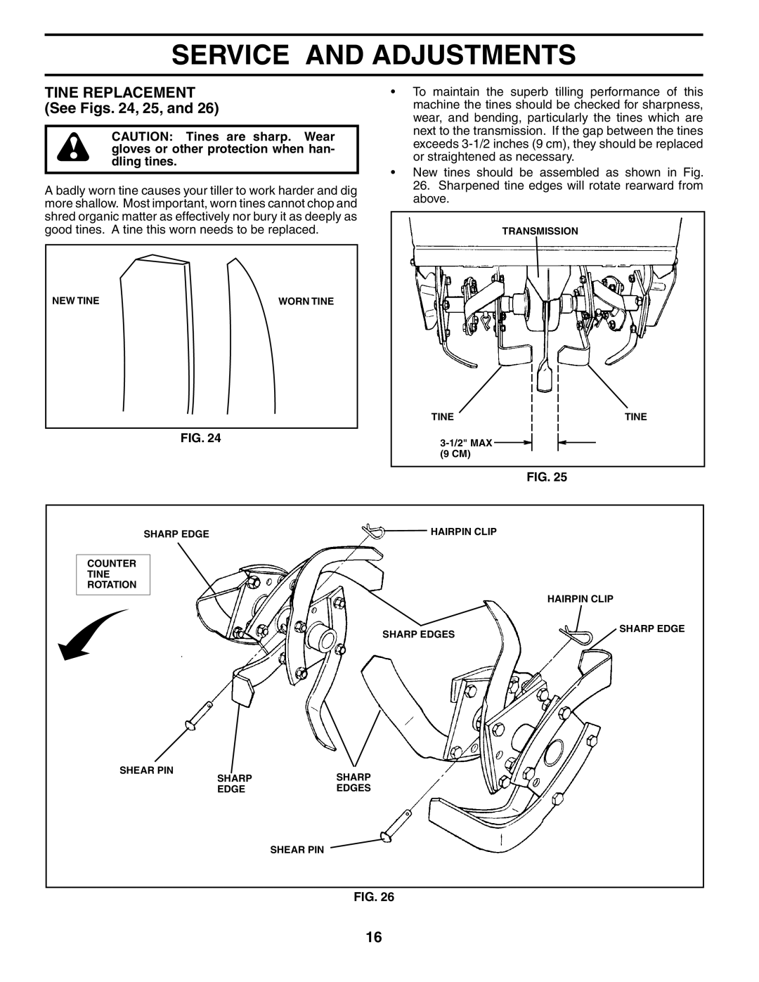 Husqvarna 650RTTA owner manual Tine Replacement See Figs , 25 