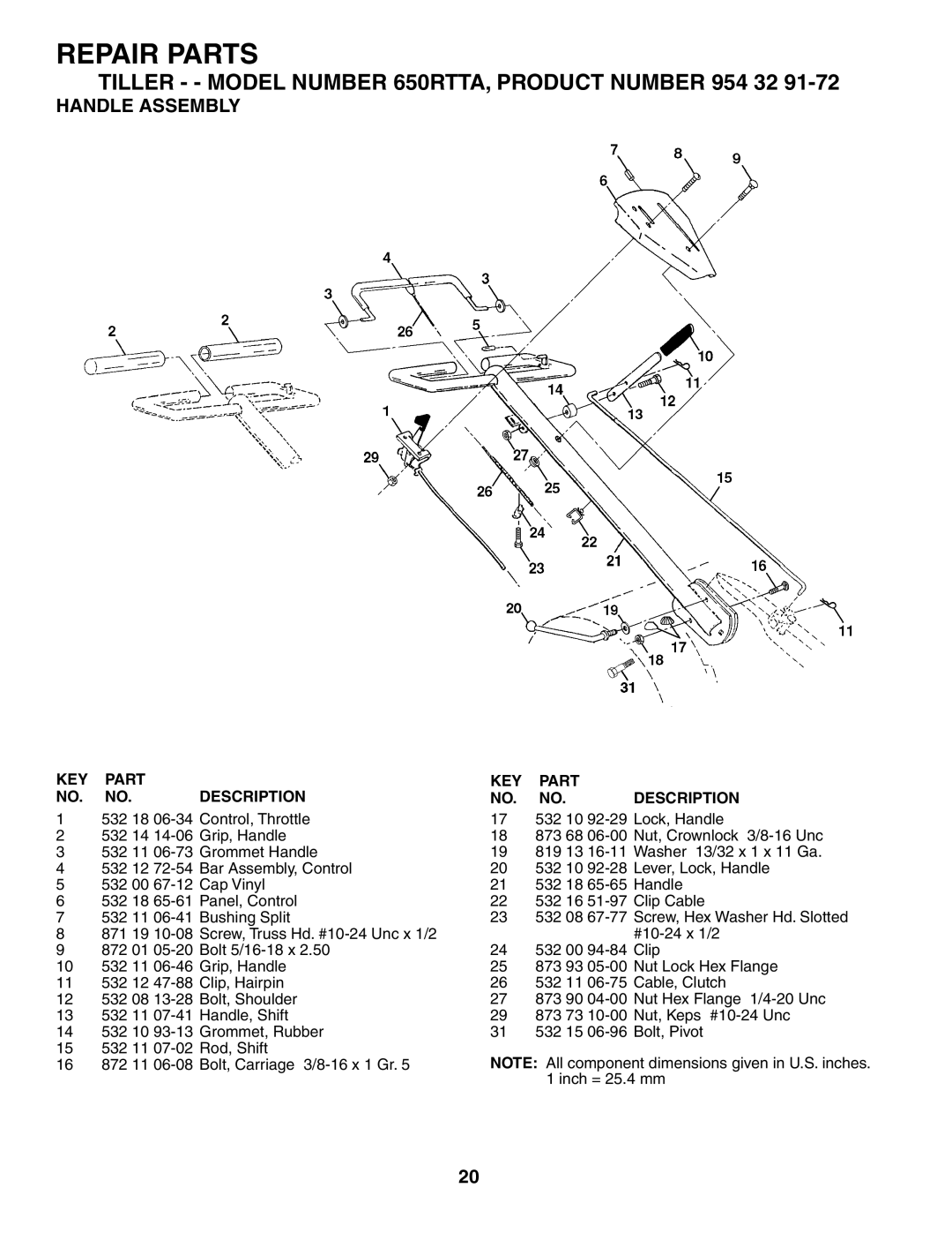 Husqvarna owner manual Tiller - Model Number 650RTTA, Product Number 954 32, Handle Assembly 