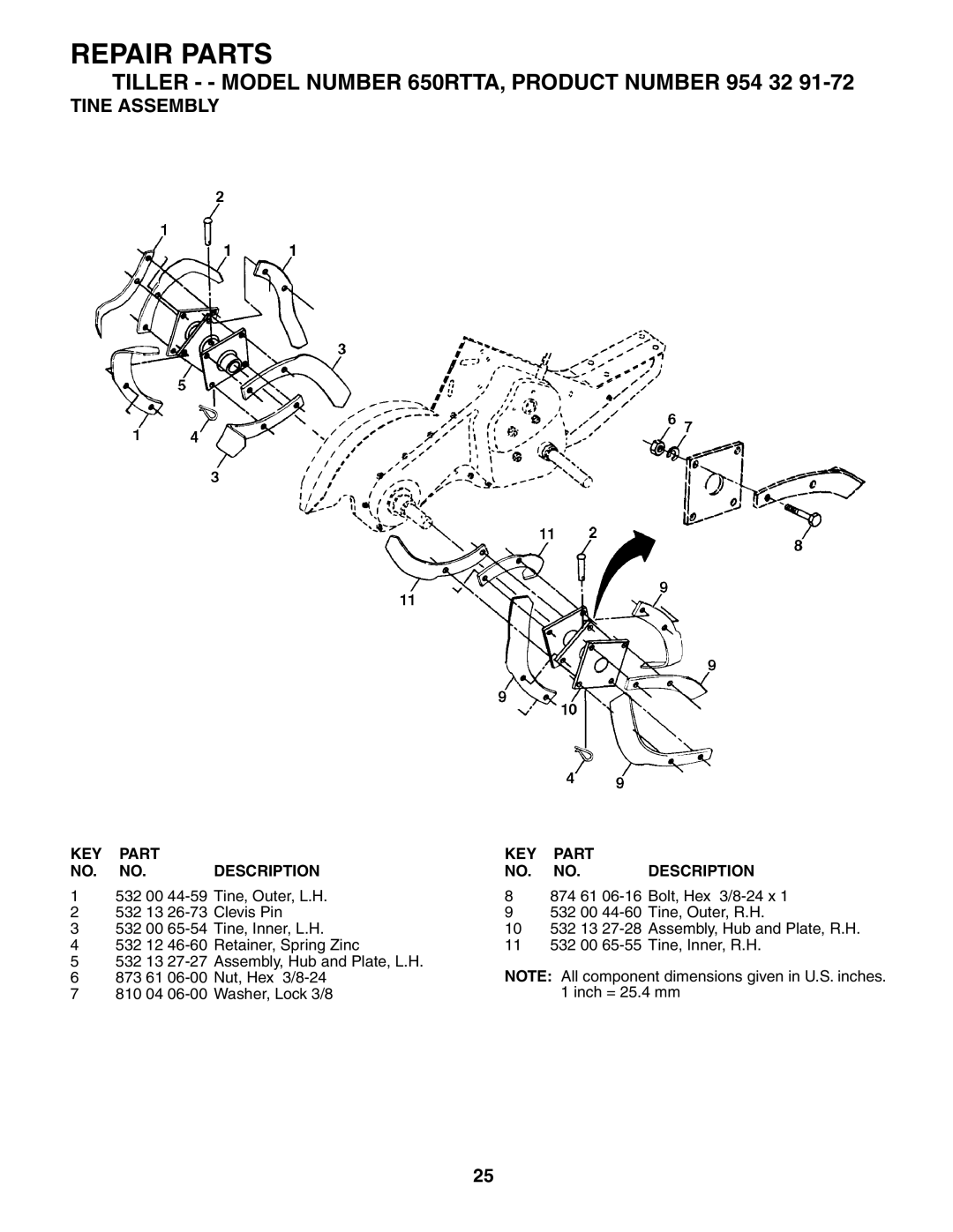 Husqvarna 650RTTA owner manual Tine Assembly 