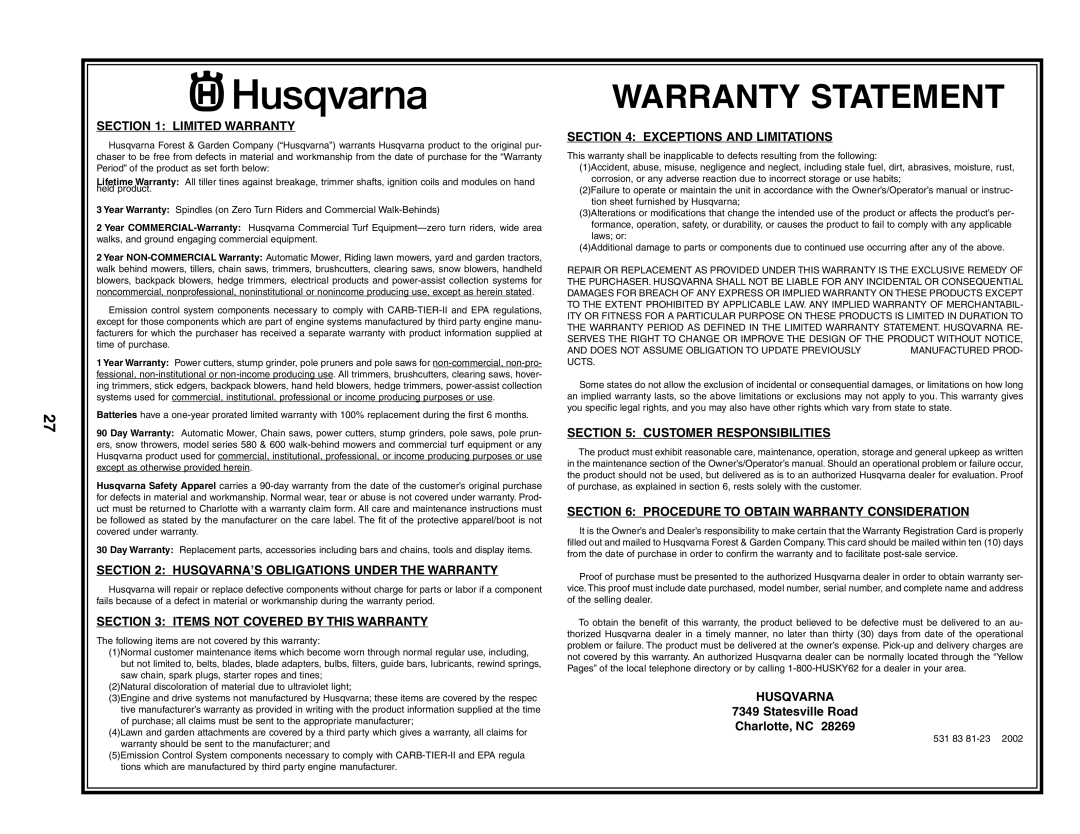 Husqvarna 650RTTA owner manual Warranty Statement 