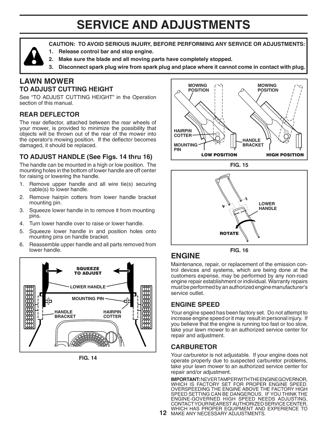 Husqvarna 6521CM Service and Adjustments, To Adjust Cutting Height, Rear Deflector, To Adjust Handle See Figs thru 