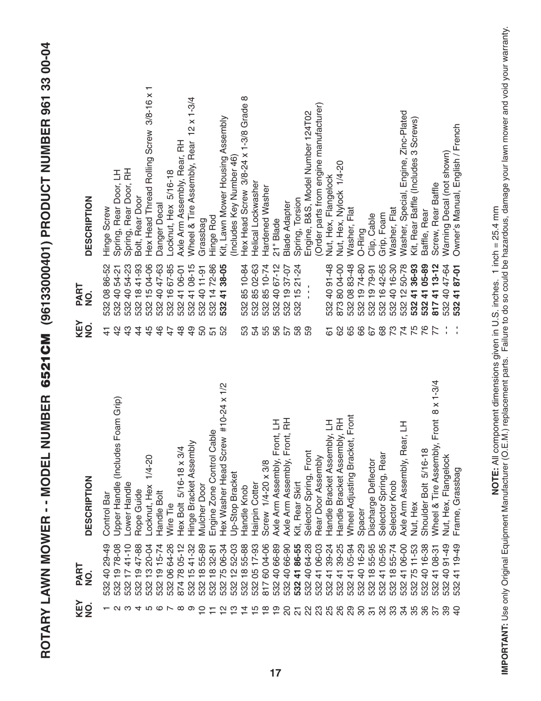 Husqvarna 6521CM owner manual KEY Part Description 