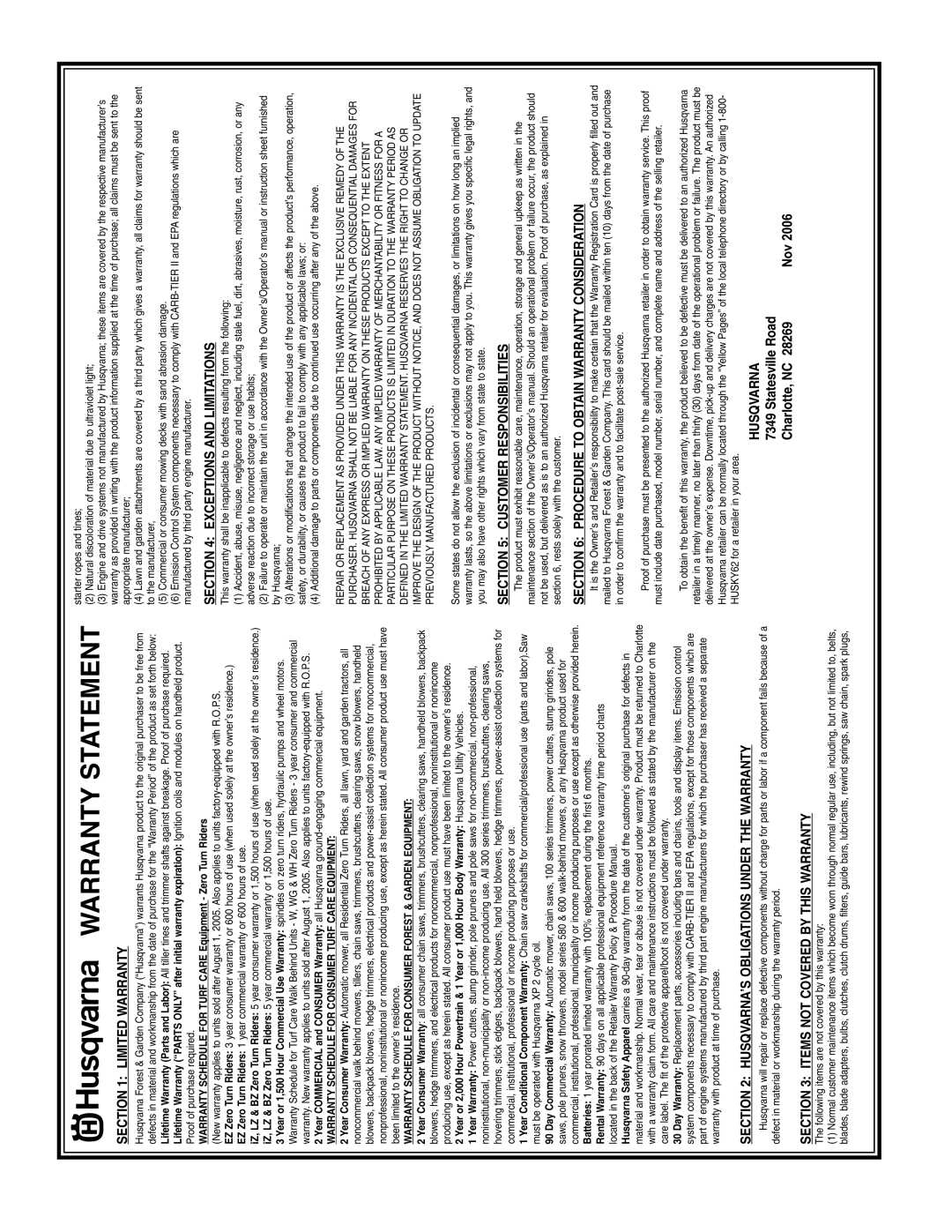 Husqvarna 6521CM owner manual Warranty Statement 