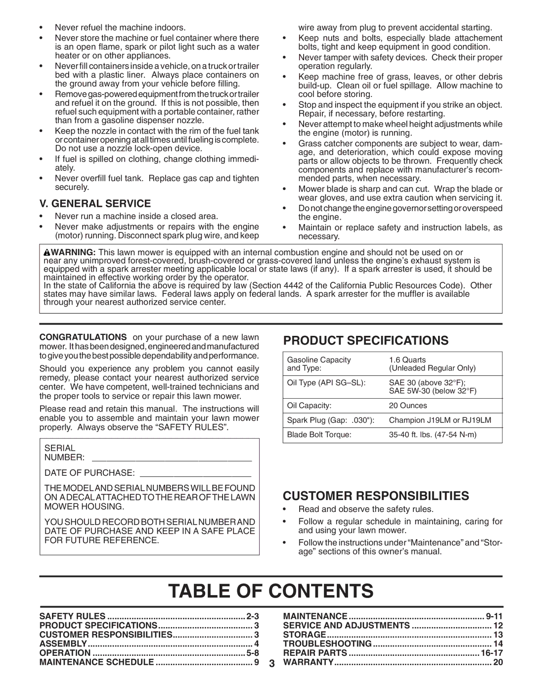 Husqvarna 6521CM owner manual Table of Contents 