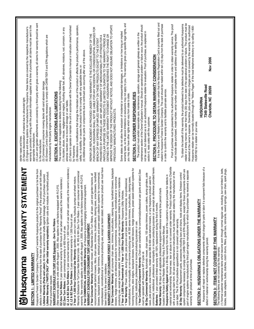 Husqvarna 6521CM Warranty Statement, Charlotte, NC, WARRANTY SCHEDULE FOR TURF CARE Equipment - Zero Turn Riders 
