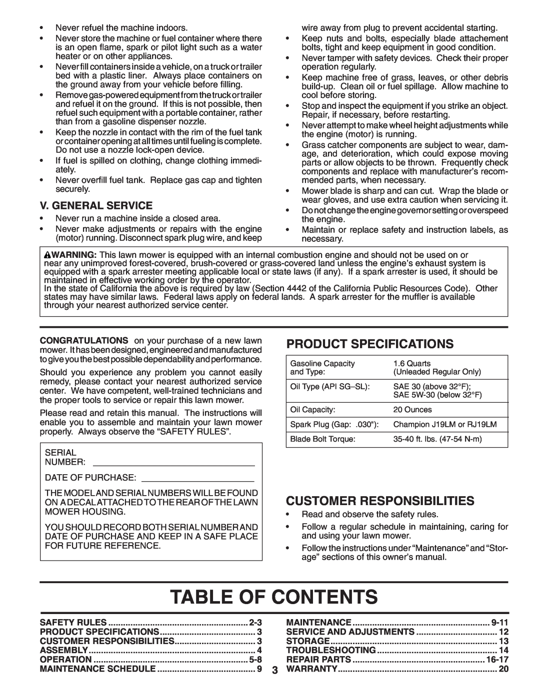 Husqvarna 6521CM owner manual Table Of Contents, Product Specifications, Customer Responsibilities, V. General Service 