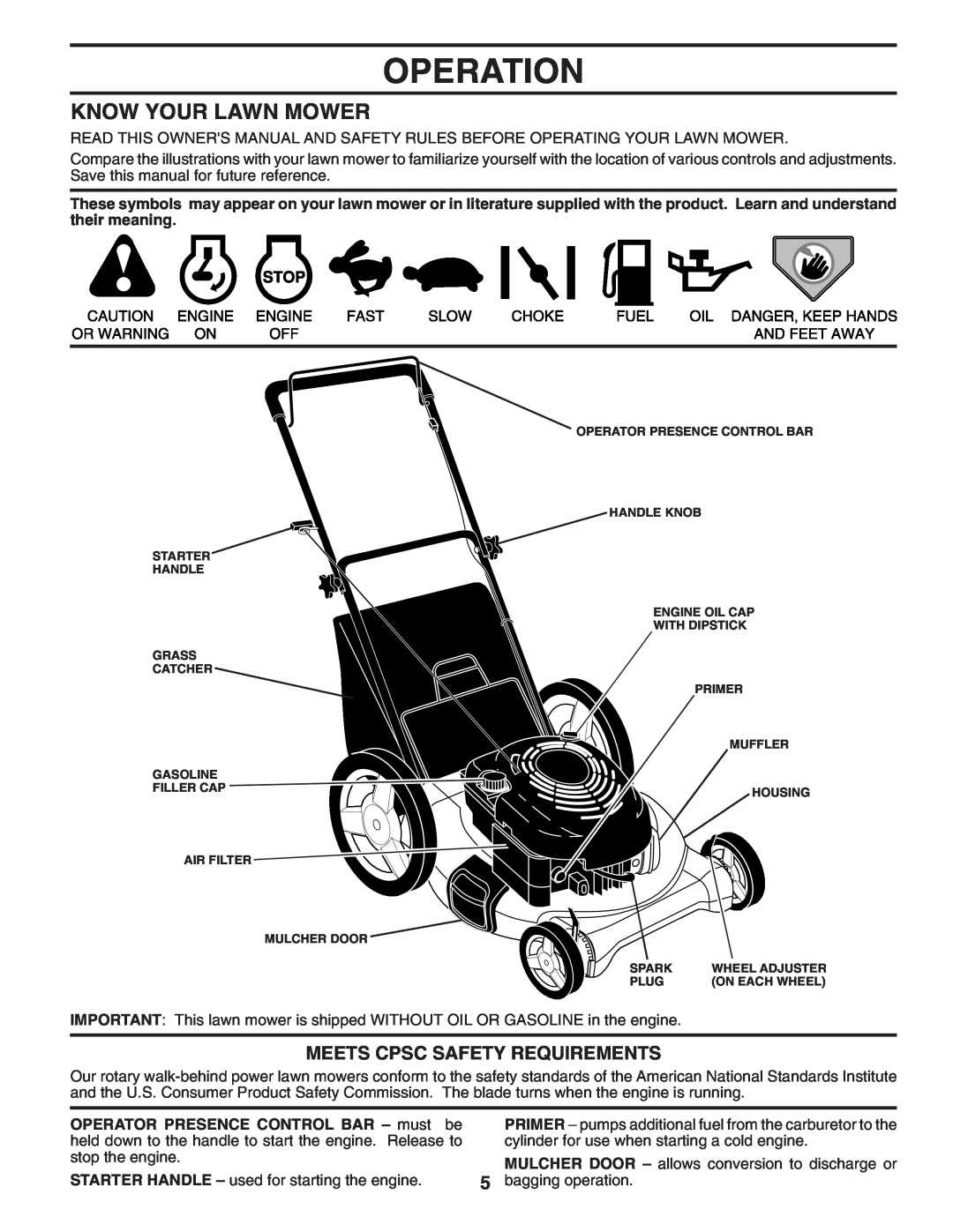 Husqvarna 6521CM owner manual Operation, Know Your Lawn Mower, Meets Cpsc Safety Requirements 
