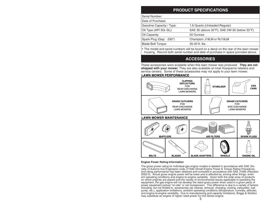 Husqvarna 6521RS owner manual Product Specifications, Accessories 