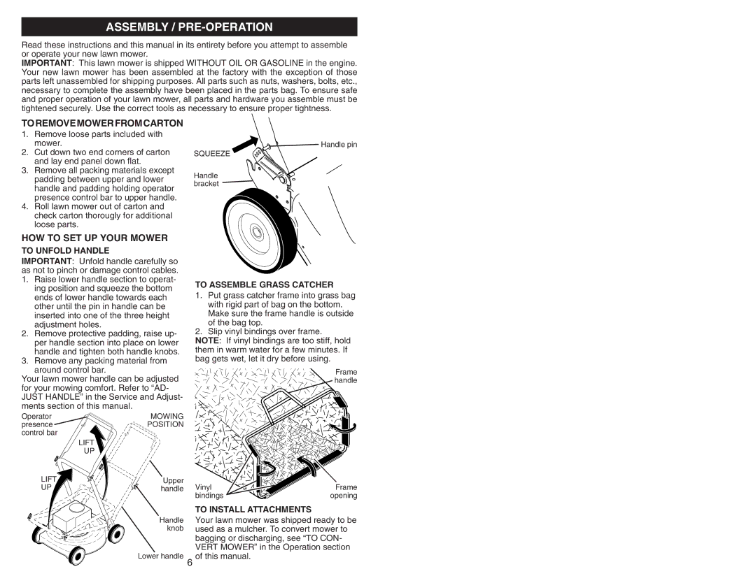 Husqvarna 6521RS owner manual Assembly / PRE-OPERATION, Toremovemowerfromcarton, HOW to SET UP Your Mower 