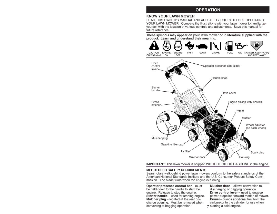 Husqvarna 6521RS owner manual Operation, Know Your Lawn Mower, Meets Cpsc Safety Requirements, Starting a cold engine 