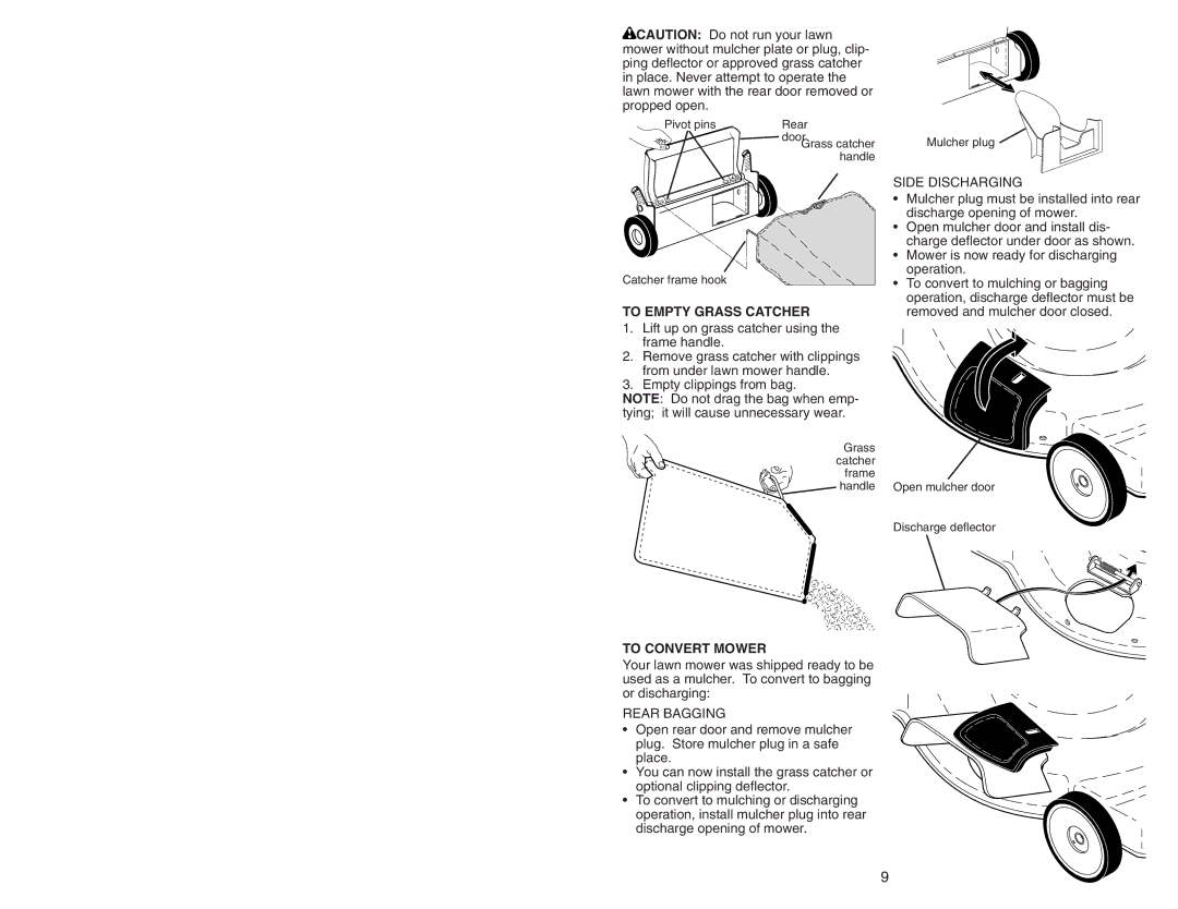 Husqvarna 6521RS owner manual To Empty Grass Catcher, Side Discharging, To Convert Mower, Rear Bagging 