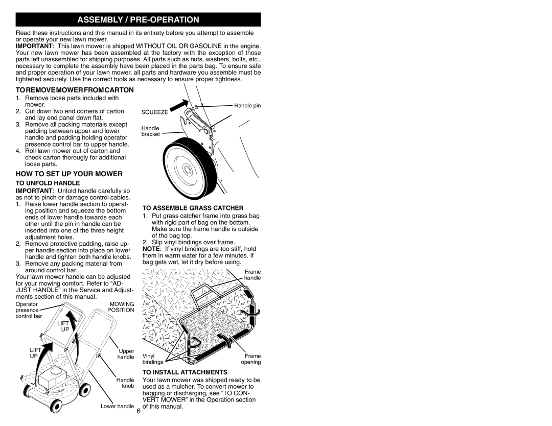 Husqvarna 6521RS owner manual Assembly / Pre-Operation, Toremovemowerfromcarton, How To Set Up Your Mower, To Unfold Handle 