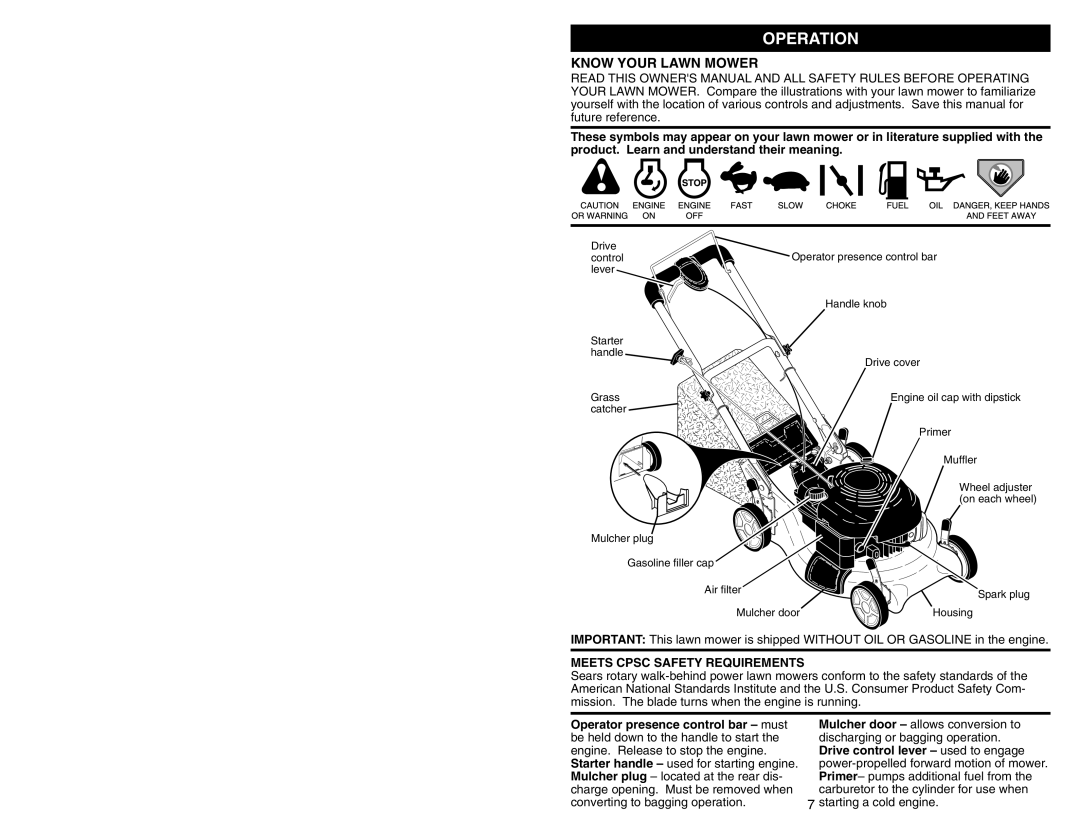 Husqvarna 6521RS owner manual Operation, Know Your Lawn Mower, Meets Cpsc Safety Requirements 
