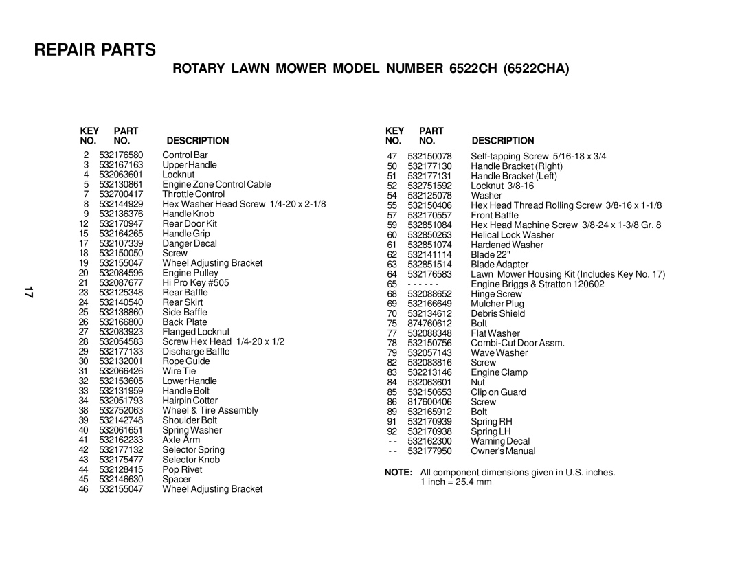 Husqvarna 6522CH owner manual KEY Part Description 