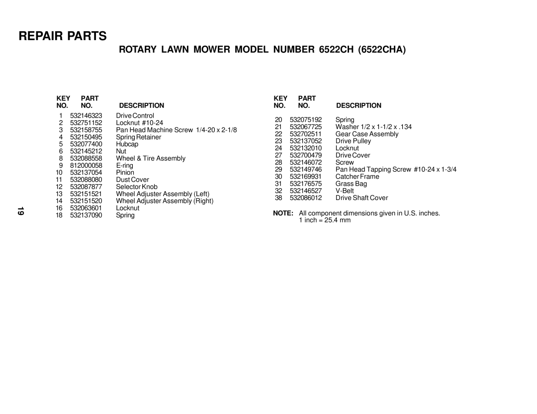 Husqvarna 6522CH owner manual KEY Part NO. NO. Description 