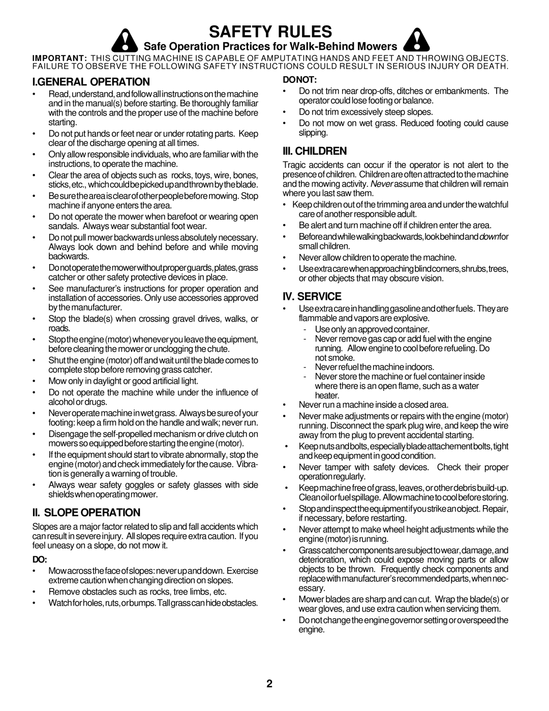 Husqvarna 6522CH Safe Operation Practices for Walk-Behind Mowers, General Operation, II. Slope Operation, III. Children 