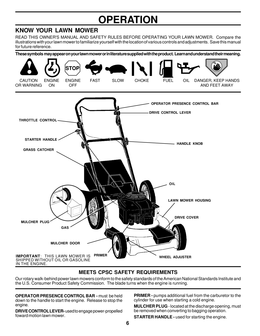 Husqvarna 6522CH owner manual Operation, Know Your Lawn Mower, Meets Cpsc Safety Requirements 