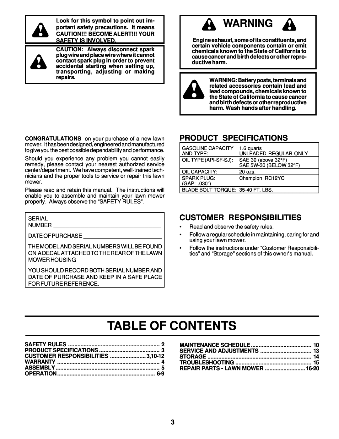 Husqvarna 6522CH owner manual Table Of Contents, Product Specifications, Customer Responsibilities, 3,10-12, 16-20 
