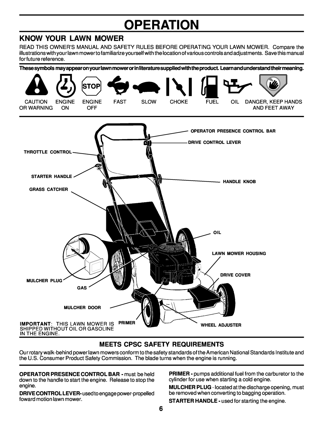 Husqvarna 6522CH owner manual Operation, Know Your Lawn Mower, Meets Cpsc Safety Requirements 