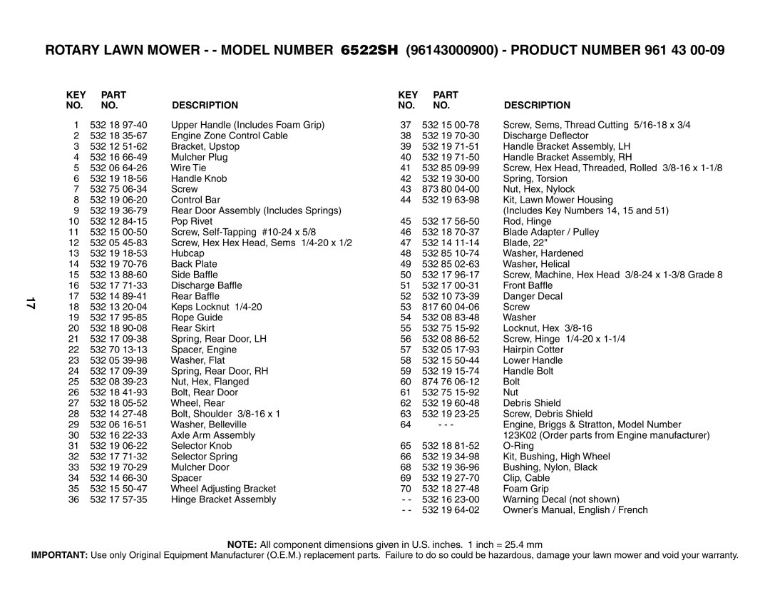 Husqvarna 6522SH owner manual KEY Part Description 