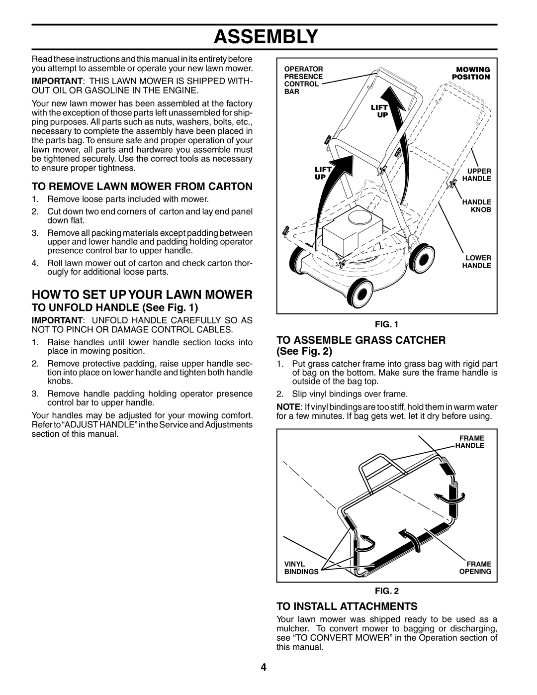 Husqvarna 6522SH Assembly, HOW to SET UP Your Lawn Mower, To Remove Lawn Mower from Carton, To Install Attachments 