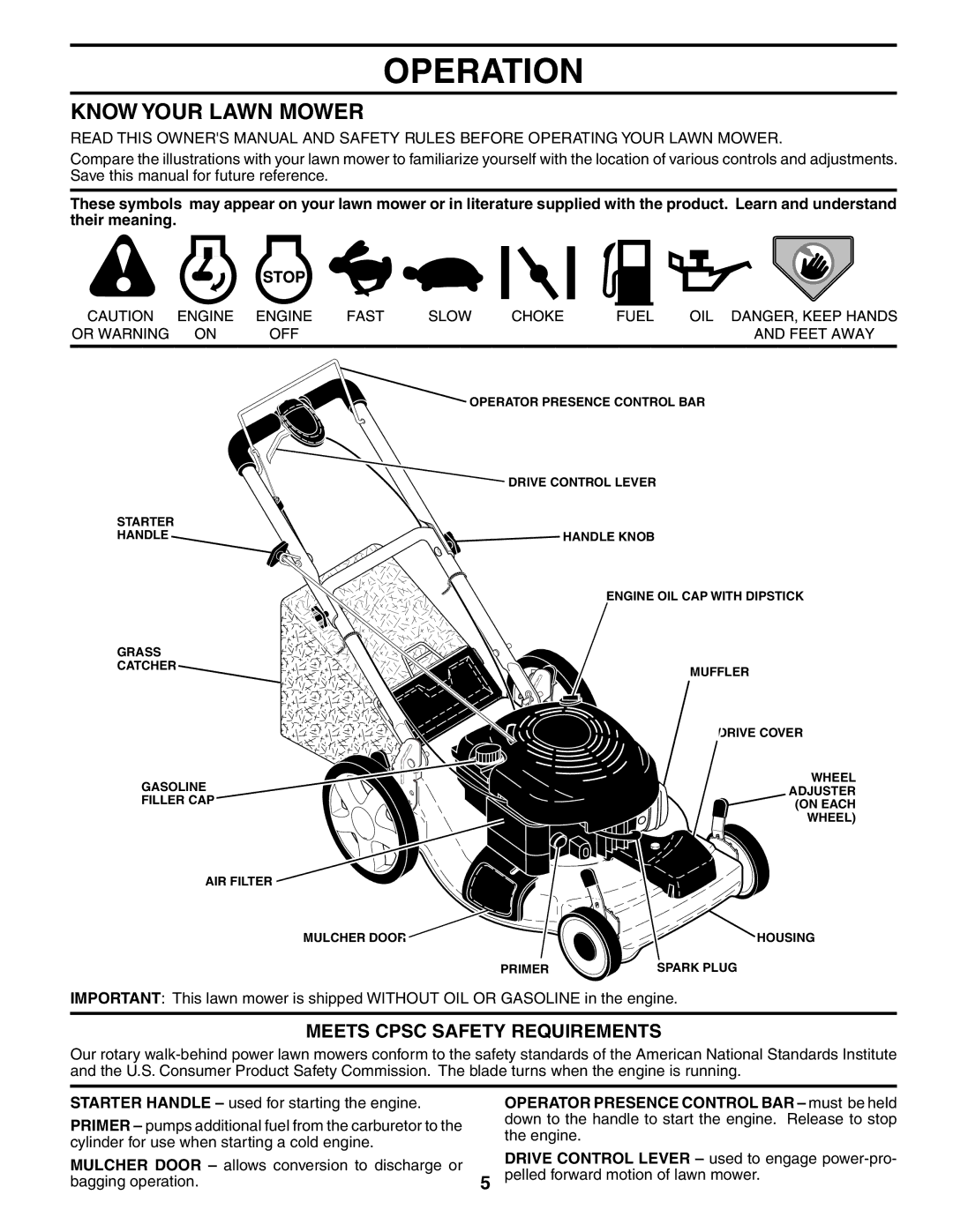 Husqvarna 6522SH owner manual Operation, Know Your Lawn Mower, Meets Cpsc Safety Requirements 