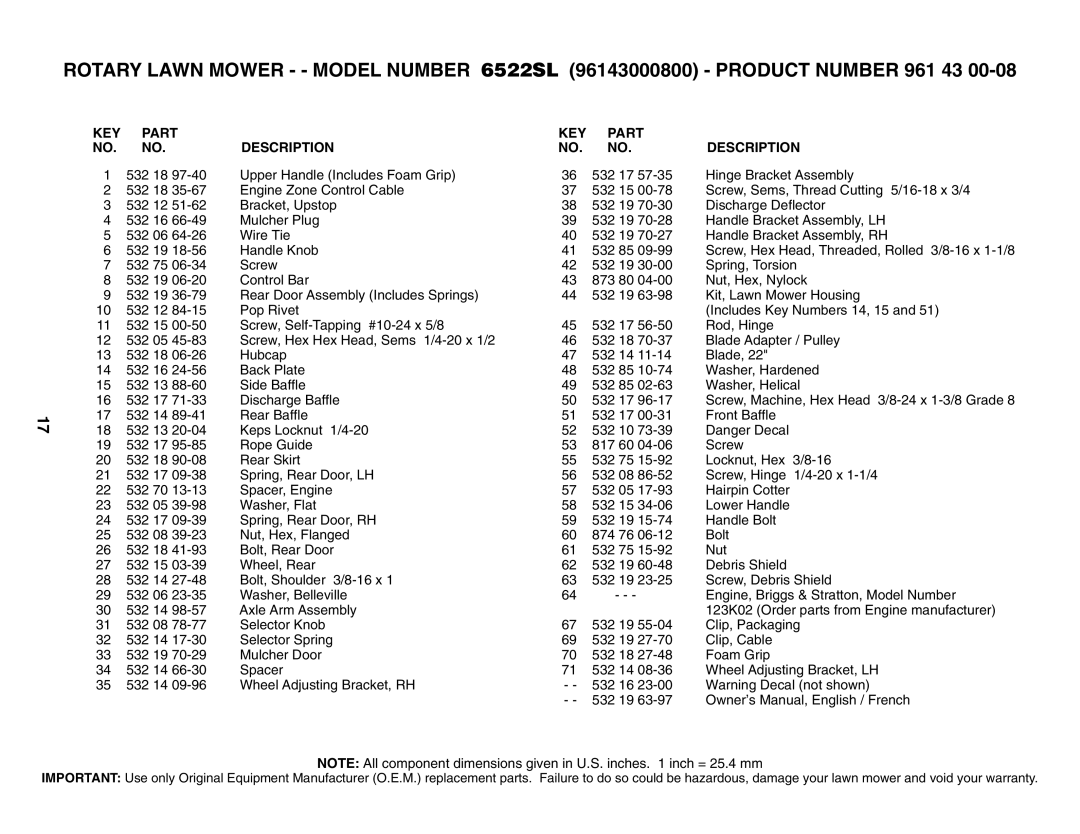 Husqvarna 6522SL owner manual KEY Part Description 