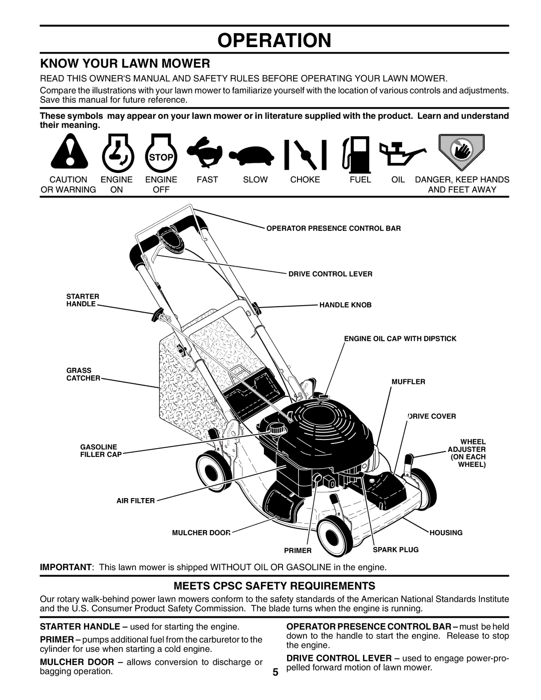 Husqvarna 6522SL owner manual Operation, Know Your Lawn Mower, Meets Cpsc Safety Requirements 