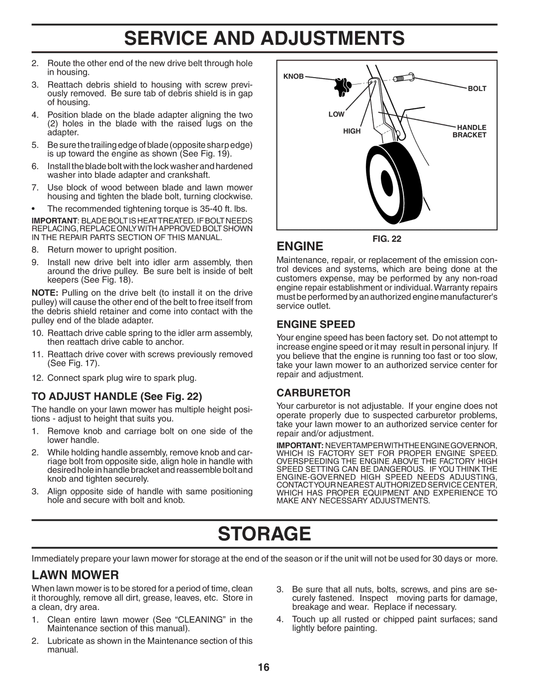 Husqvarna 65RSW21HV owner manual Storage, To Adjust Handle See Fig, Carburetor 