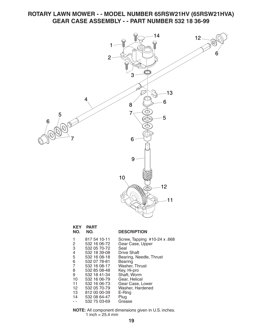 Husqvarna 65RSW21HV owner manual KEY Part Description 