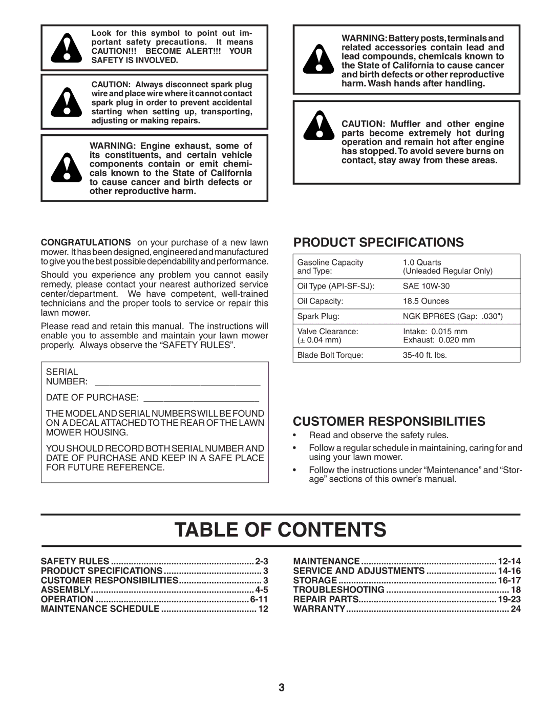 Husqvarna 65RSW21HV owner manual Table of Contents 