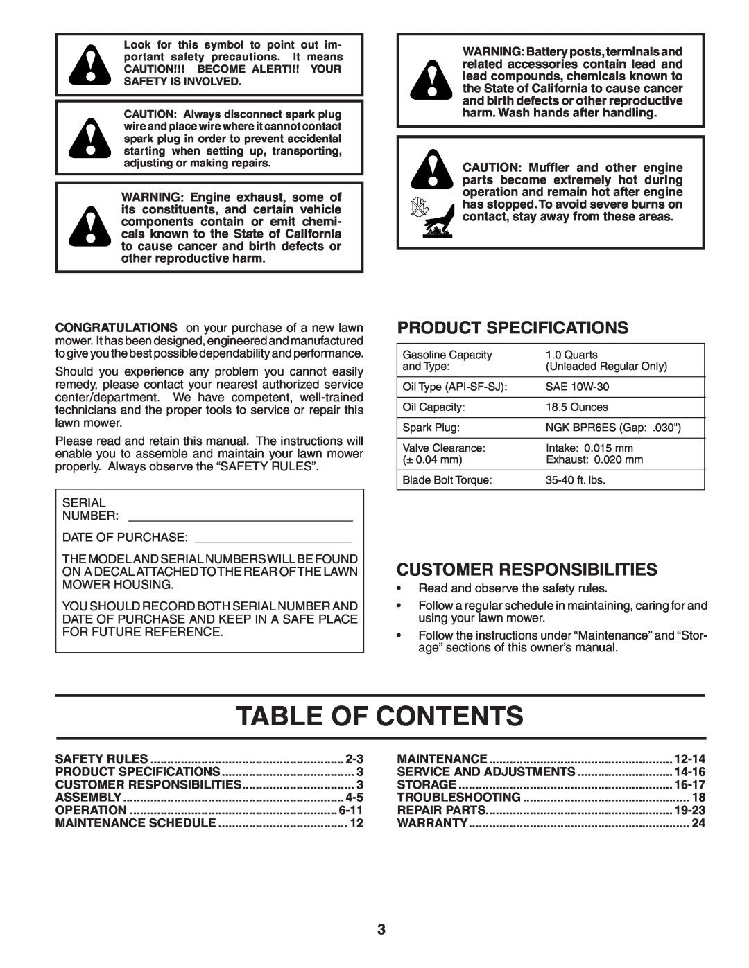 Husqvarna 65RSW21HV owner manual Table Of Contents, Product Specifications, Customer Responsibilities 