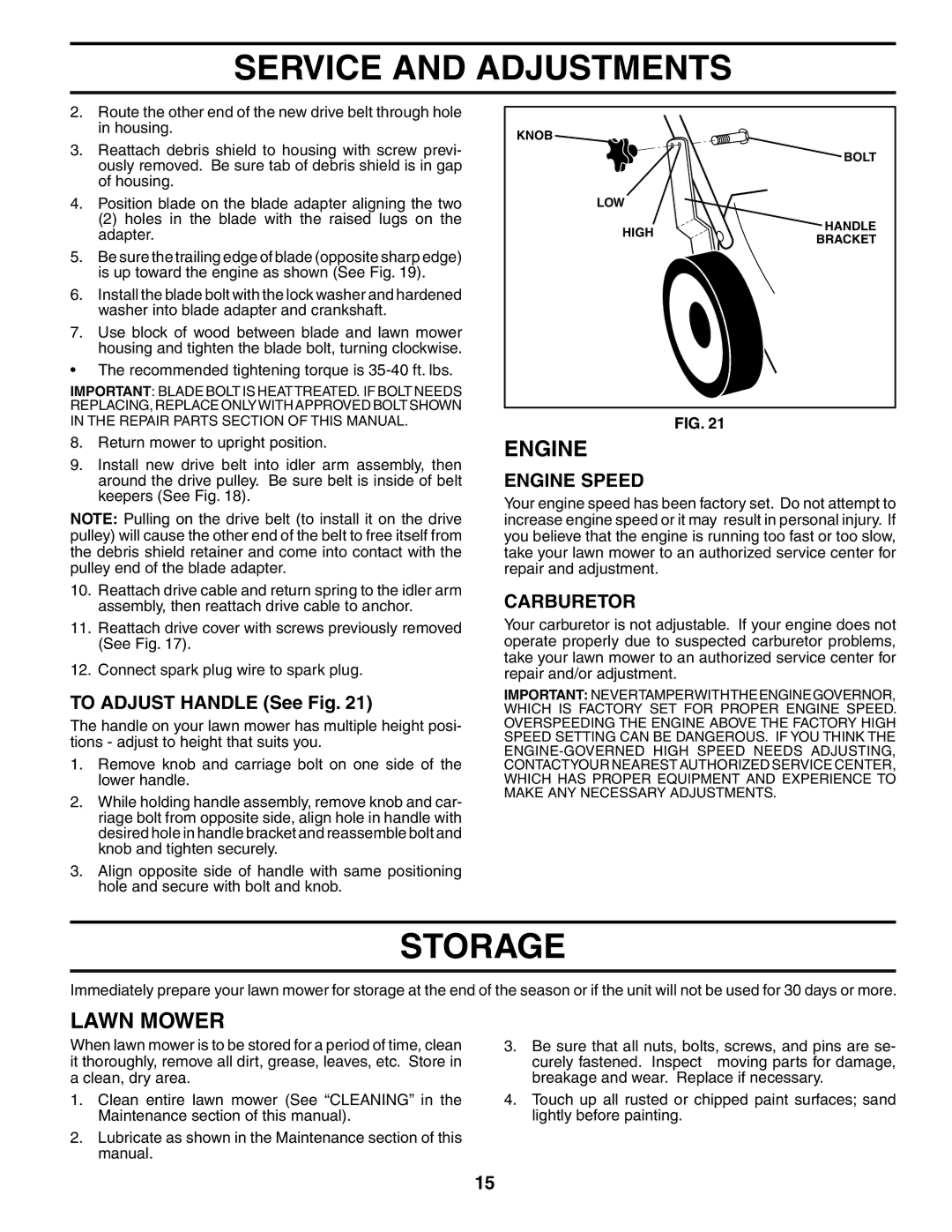 Husqvarna 67521 HV owner manual Storage, To Adjust Handle See Fig, Carburetor 