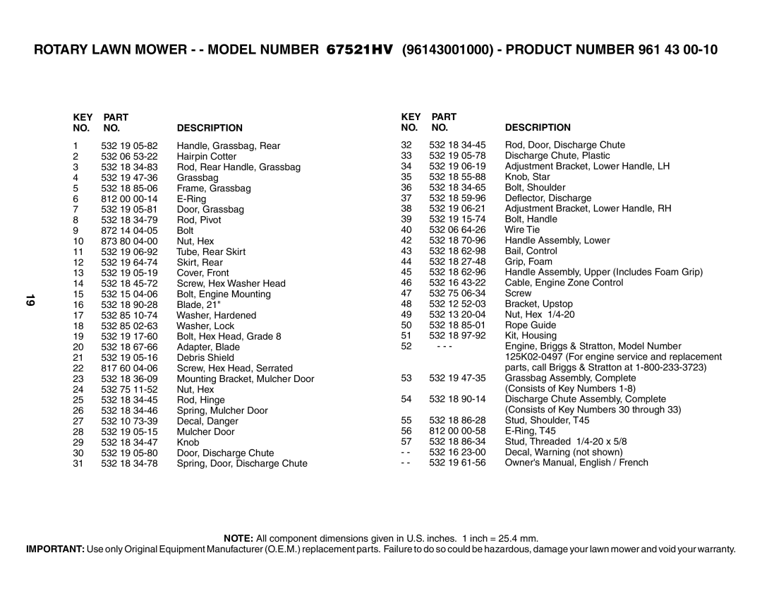 Husqvarna 67521 HV owner manual KEY Part Description 