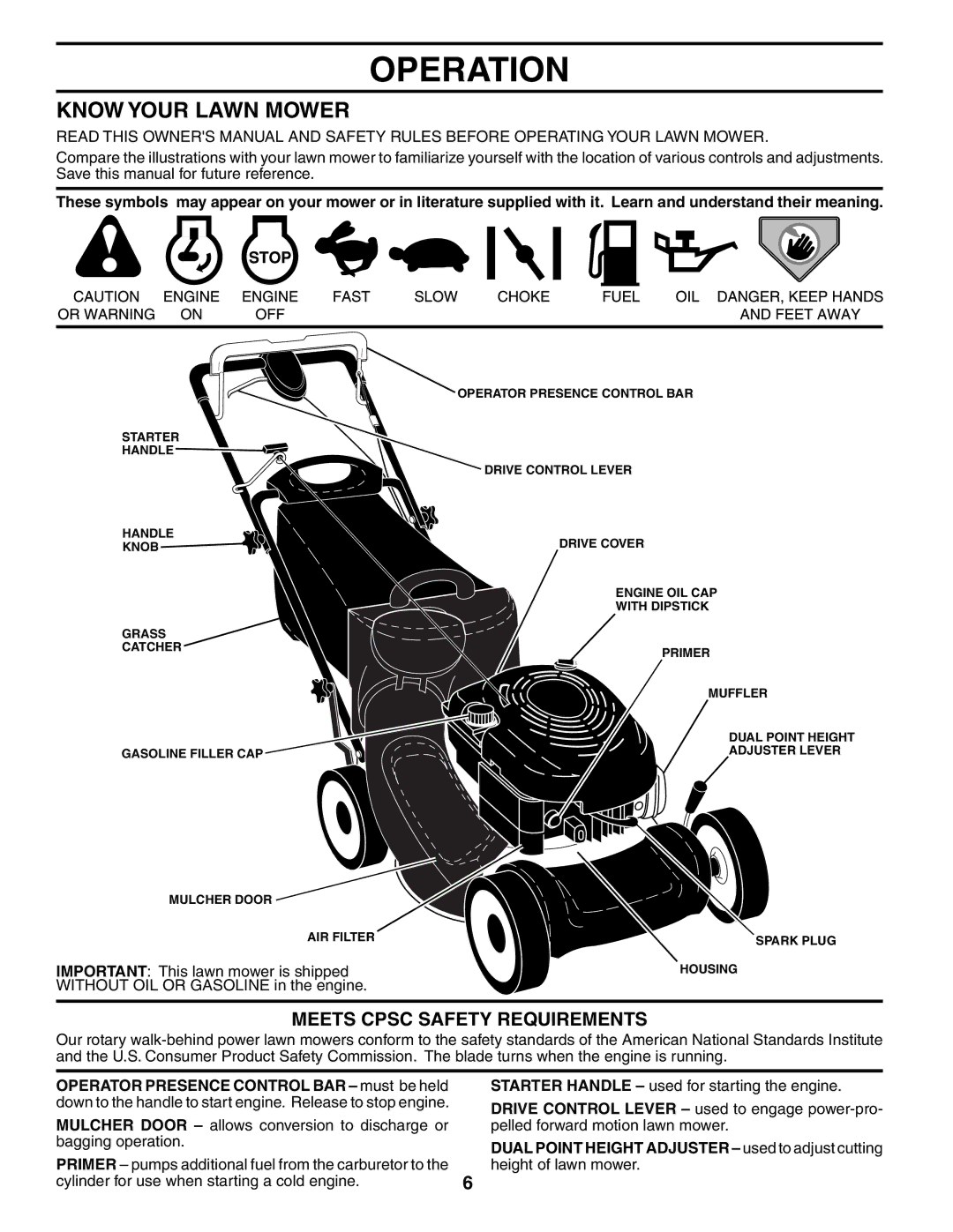 Husqvarna 67521 HV owner manual Operation, Know Your Lawn Mower, Meets Cpsc Safety Requirements 