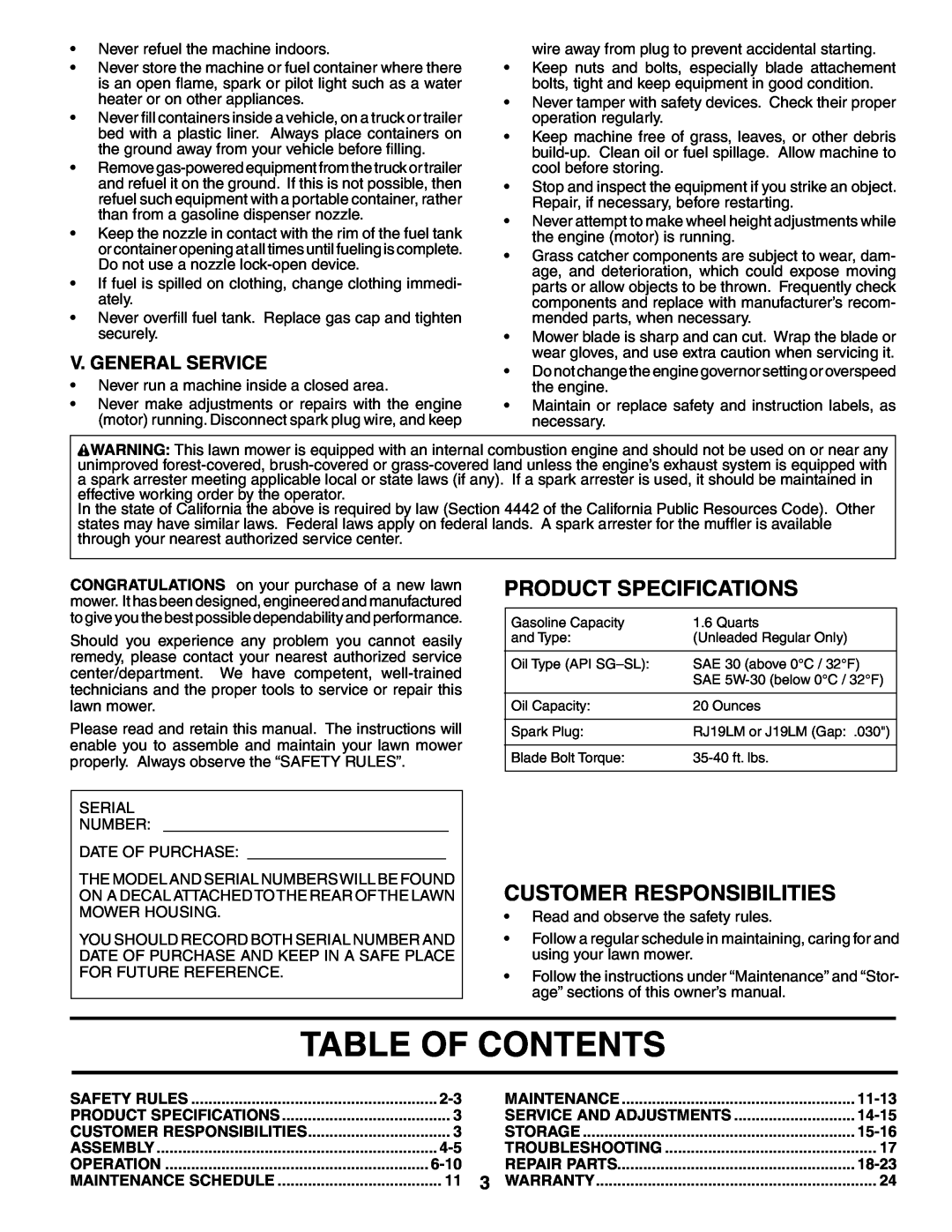 Husqvarna 67521 HV Table Of Contents, Product Specifications, Customer Responsibilities, V. General Service, 6-10, 11-13 