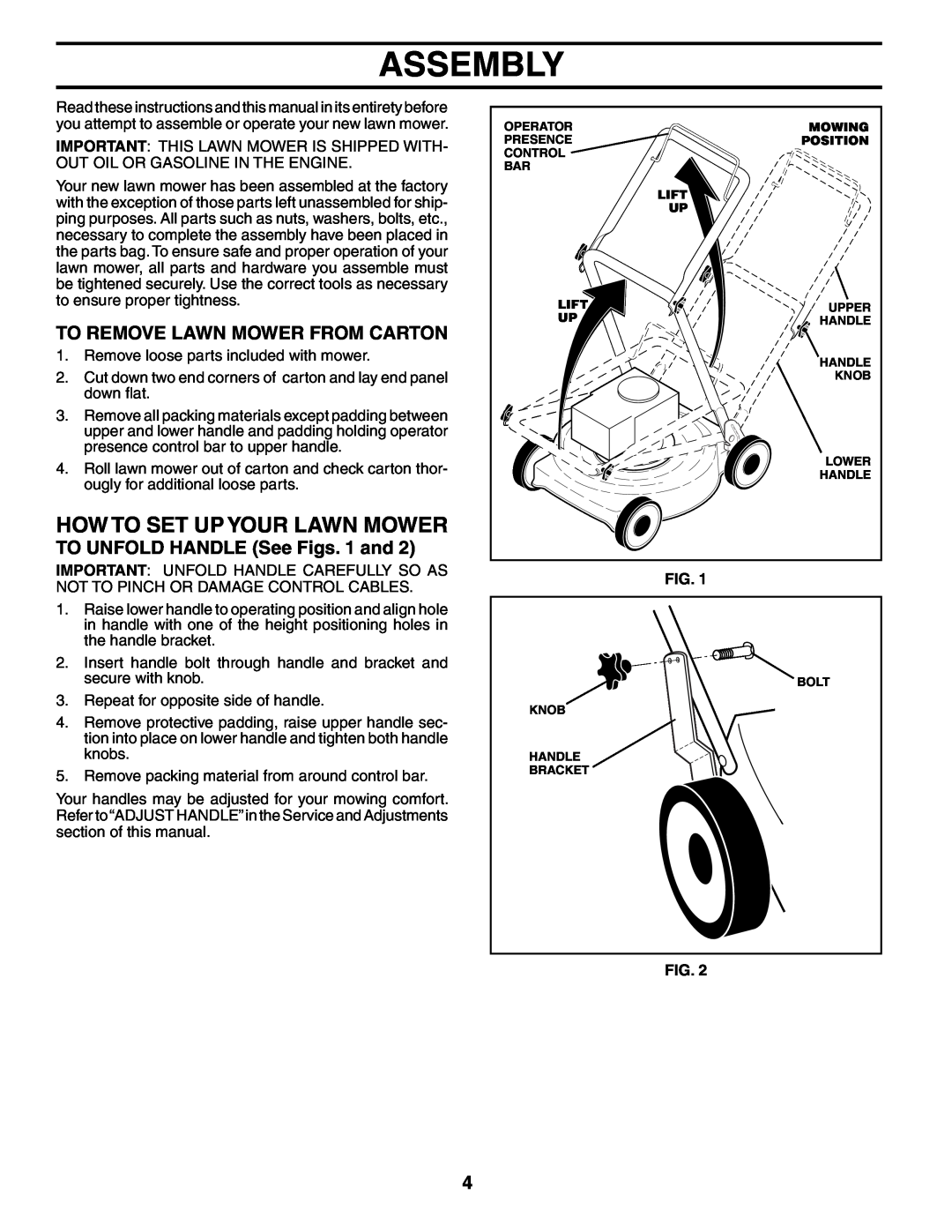 Husqvarna 67521 HV owner manual Assembly, How To Set Up Your Lawn Mower, To Remove Lawn Mower From Carton, Fig 